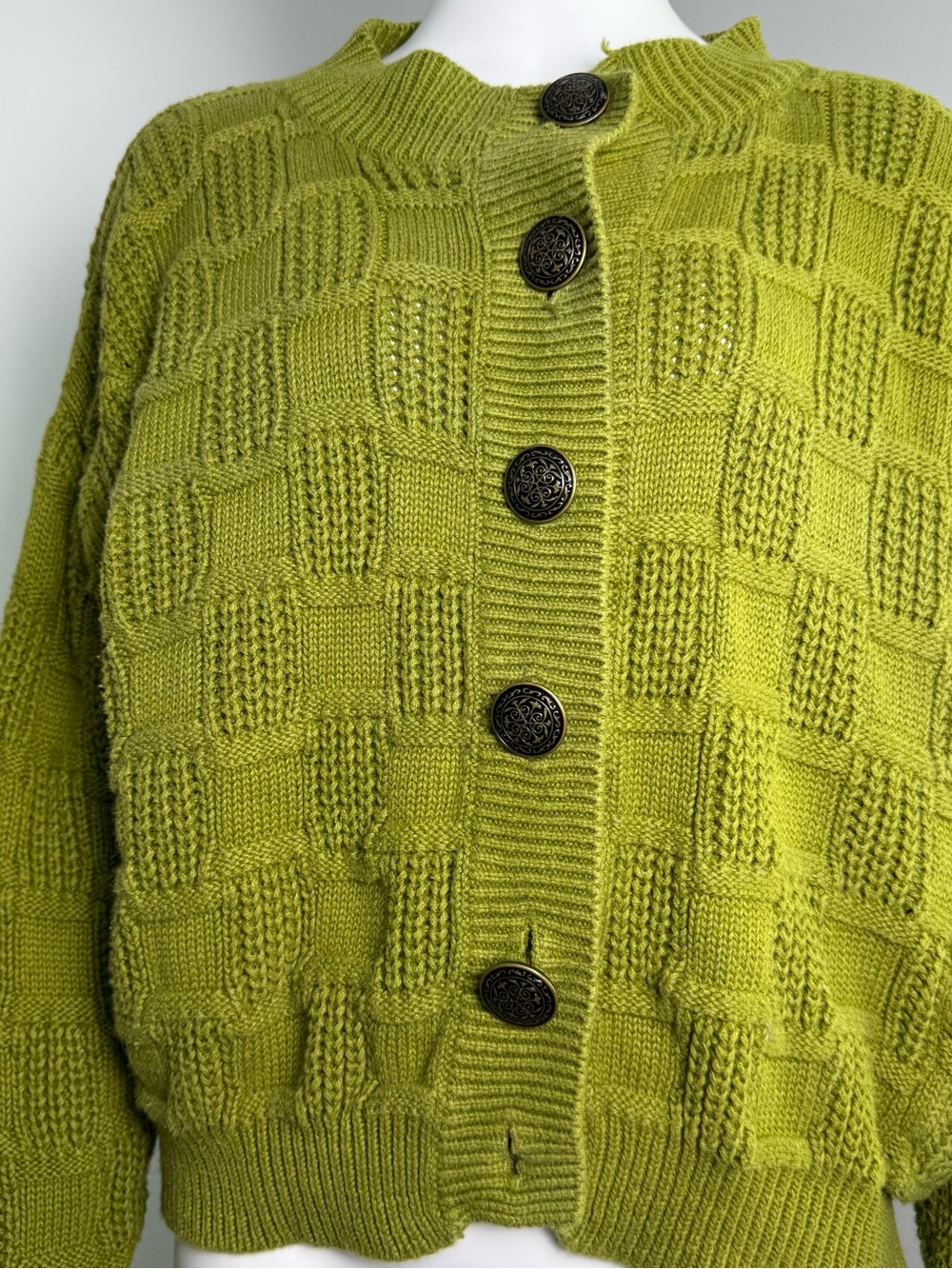Express Olive Green Checkerboard Button-Up Cardigan - Picture 7 of 8